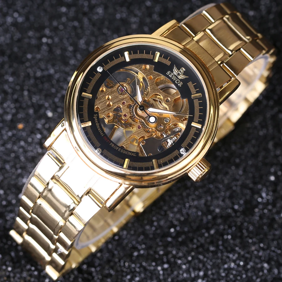 SEWOR 2016 мужские дизайнерские часы со скелетом полностью стальные механические