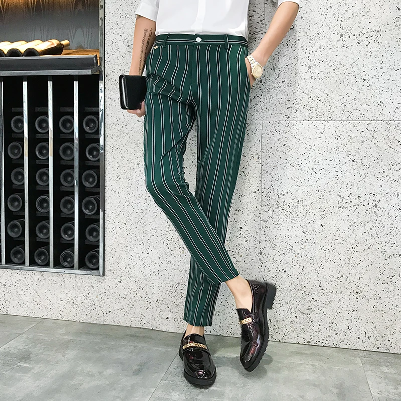 Autumn Stripe Men Dress Pants Black Green Mens Pants Fashions Streetwear Men Skinny Fit Men Trousers Pantalones Hombre