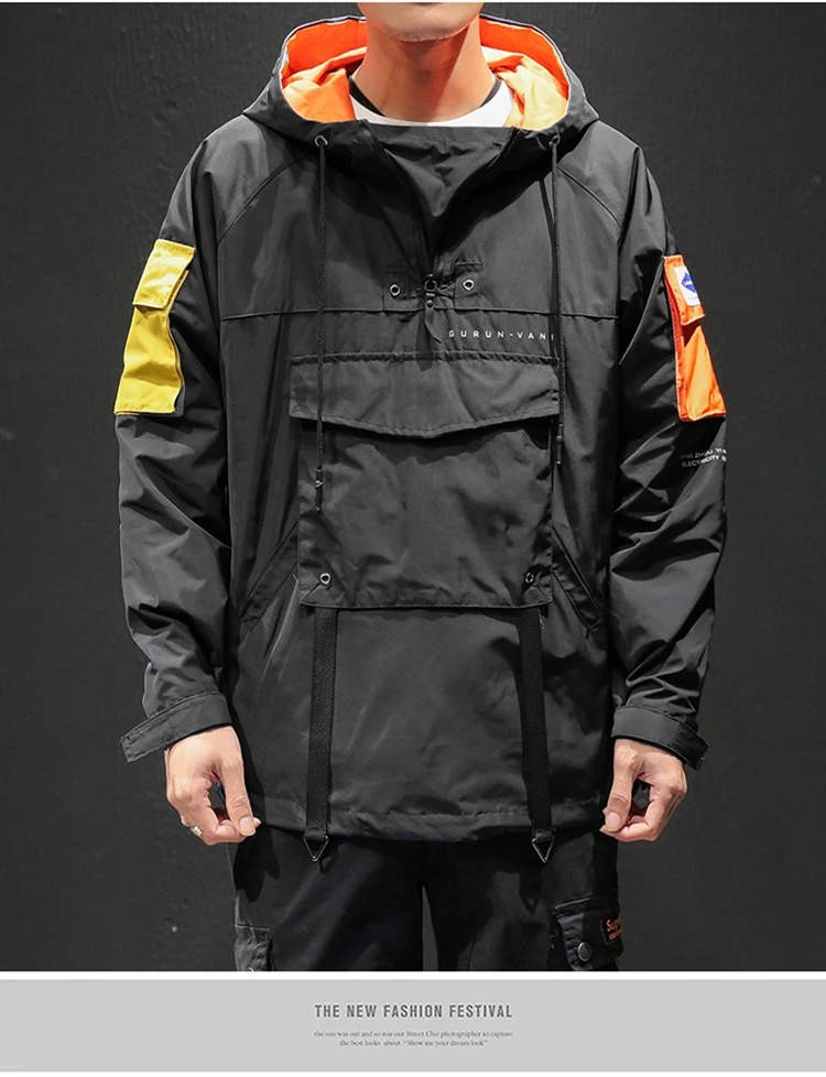 Hip Hop Spring Jackets Men Windbreaker Patchwork Autumn Loose Casual Hooded Jacket Male Coats Zipper Tracksuit Streetwear