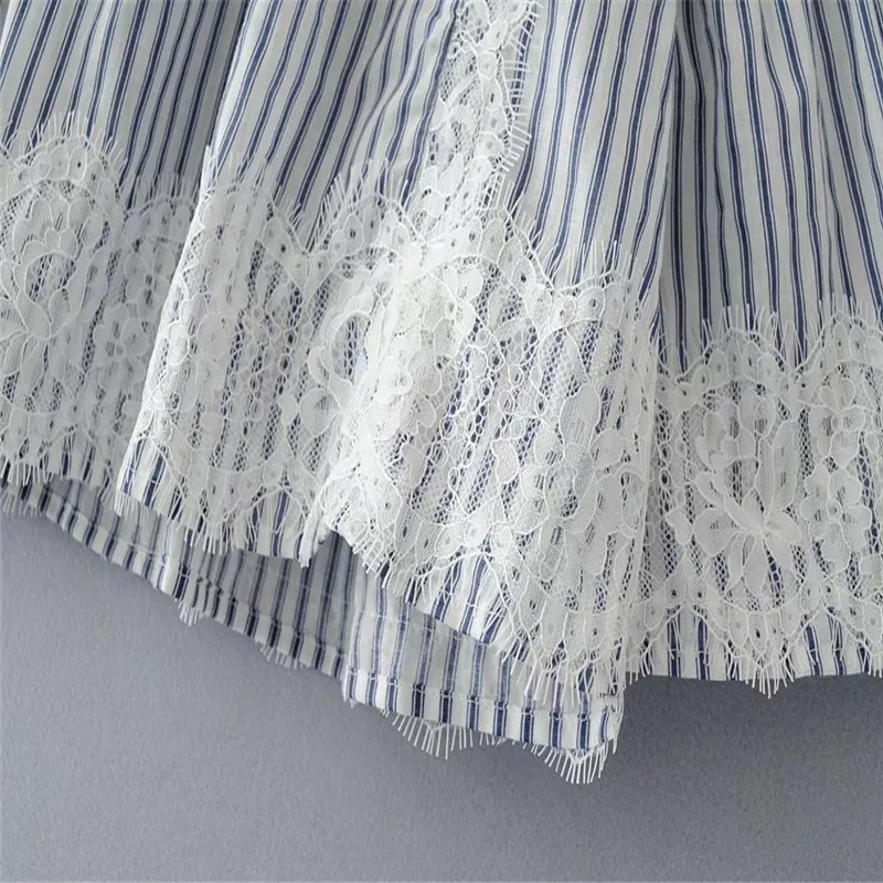 Кружева лоскутное полосатая блуза Женские топы Круглая горловина Топ 2018 Flare