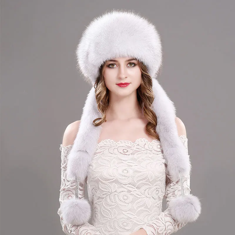 01 Blue fox color Шапка из натурального Лисьего меха, женская вязаная шапка с помпоном, вязаная шапка из натурального меха кролика Рекс, верхняя шапка бини для женщин, зимняя женская шапка - Цвет: 01 Blue fox color