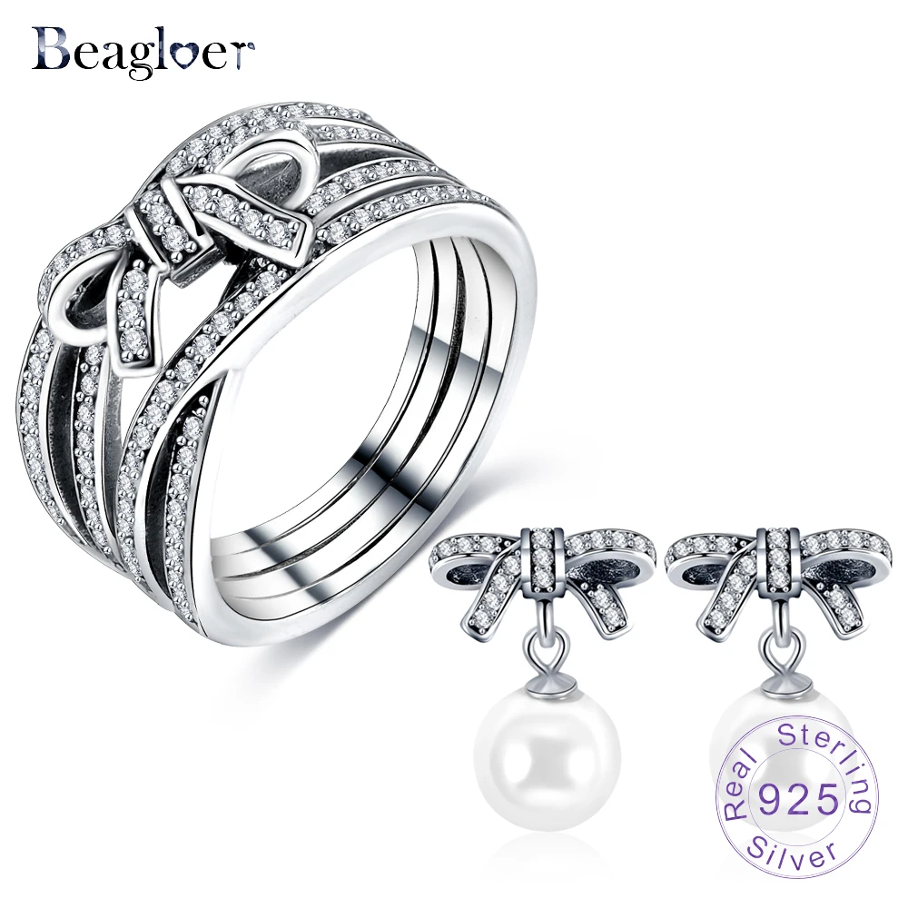 Beagloer 100% 925 пробы серебро изящный бант и белый жемчуг висячие серьги кольцо для