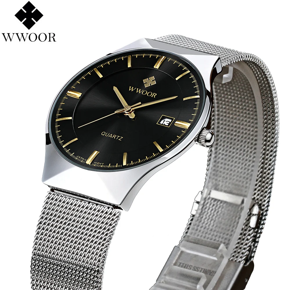 Новая Мода топ luxury brand WWOOR часы мужские кварцевые часы из нержавеющей стали сетка ремешок ультра тонкий циферблат часы relogio masculino