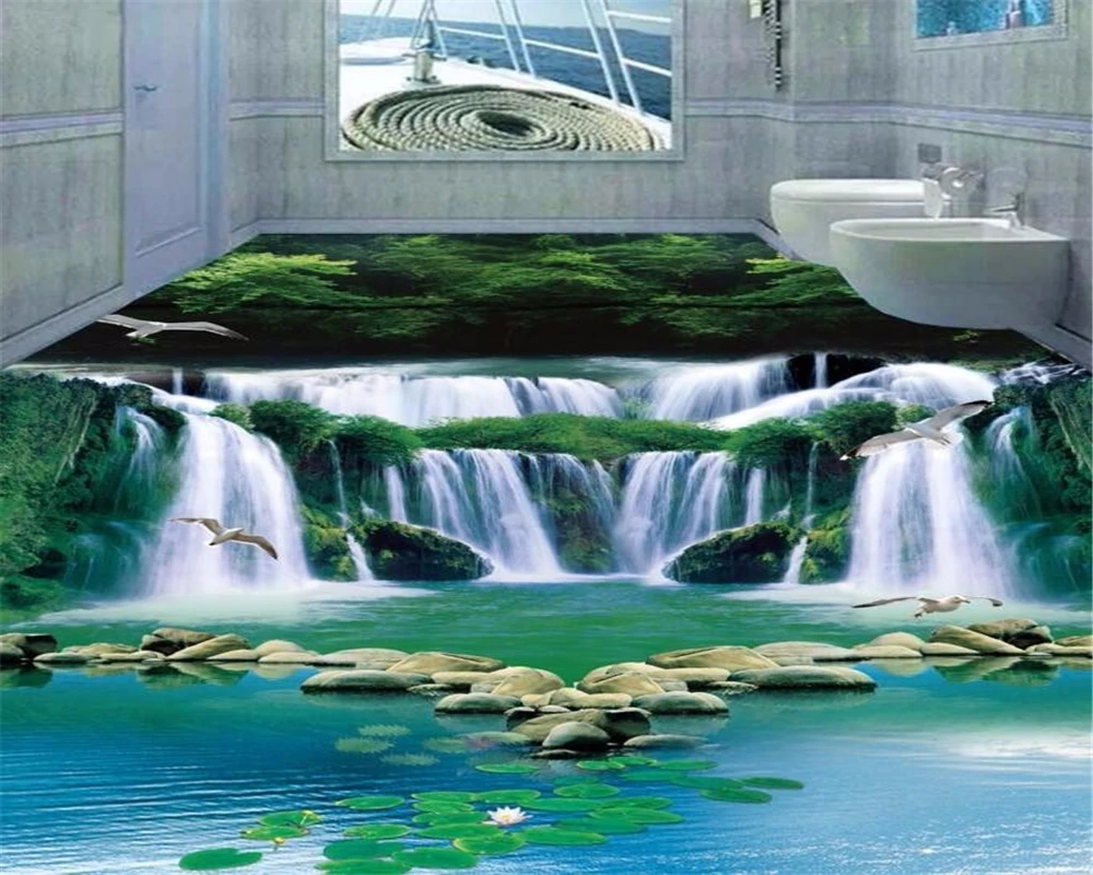 

Beibehang Customized Groundwater Waterfall Forest Green Wallpaper Fantasy 3D Bathroom Floor Bedroom Selfadhesive 3d flooring