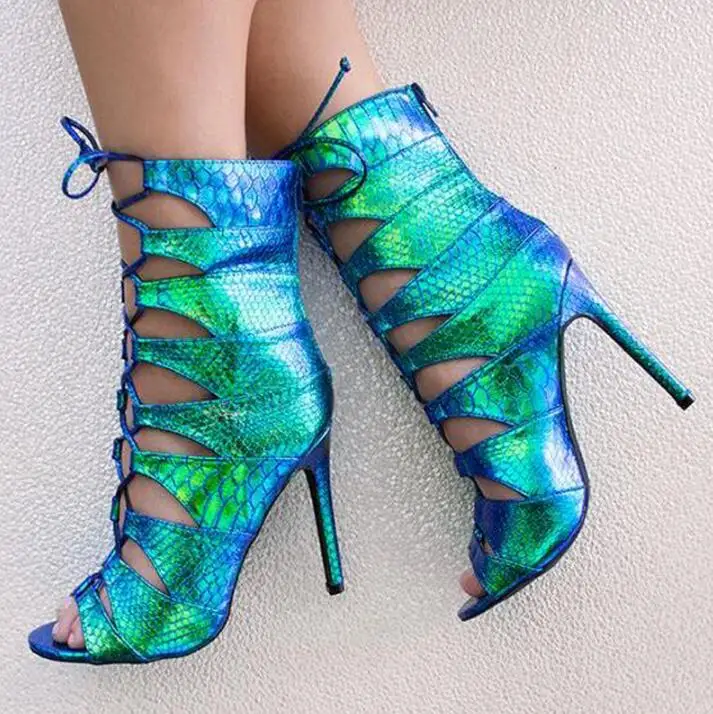 

Sexy Peacock Blue Python Leather Women Open Toe Lace up Sandals Boots Ladies High Heels Summer Short Boots Fashion Party Shoes