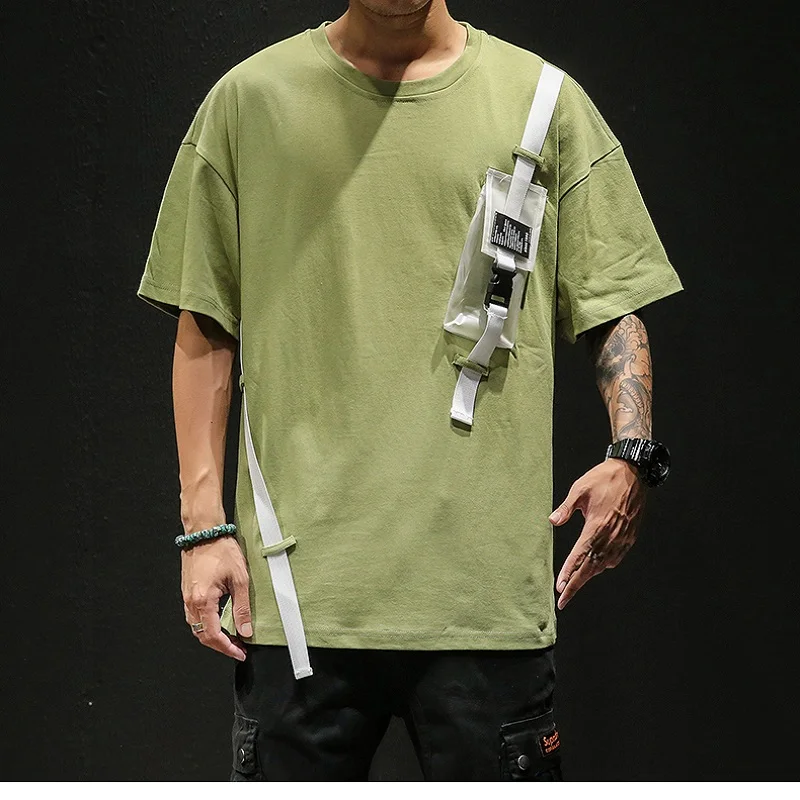 Patch pockets Round neck men's T-shirt men's fashion T-shirt cotton casual men's T-shirt large size men's M-5XL