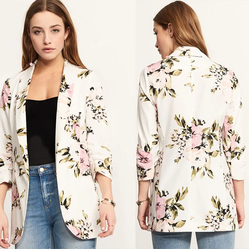 Весна Лето уличный сексуальный белый цветочный принт повседневные блейзеры с