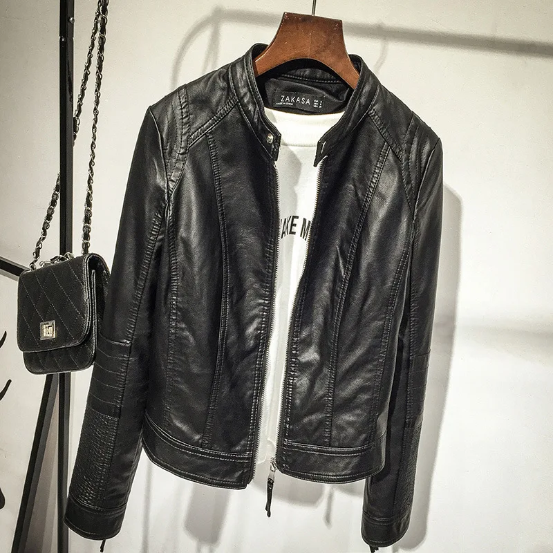

Fashion New Autumn Faux Leather Jacket Women Slim Nice Black Soft Motorcycle Short Jacket Lady Bomber Coat