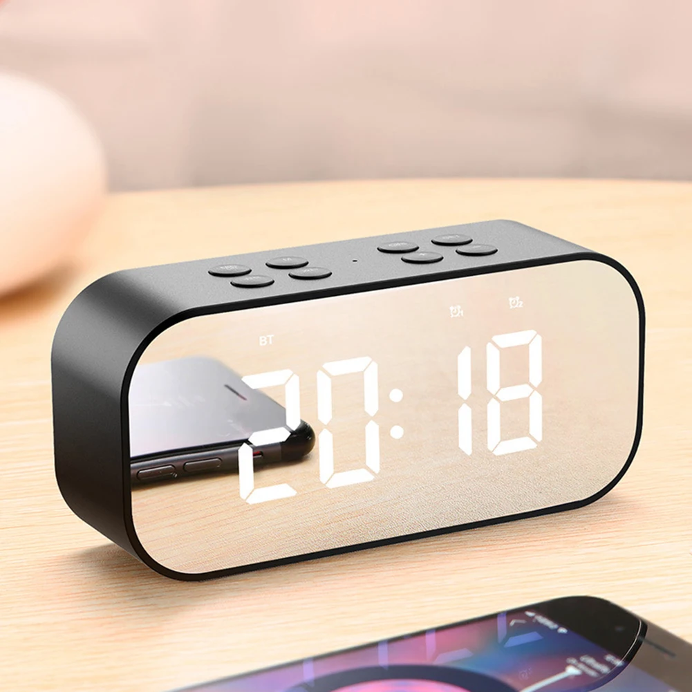 Bluetooth Speaker with FM Radio LED Mirror Alarm Clock Subwoofer Music Player Snooze Desktop Clock Portable Mirror MP3 Player