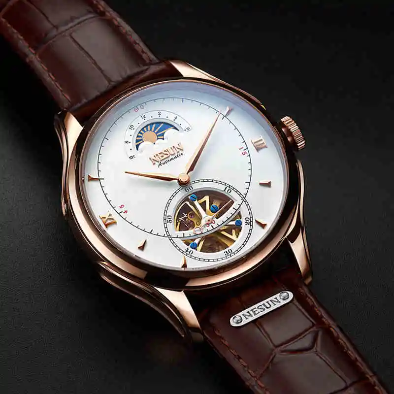Автоматические механические мужские часы скелетоны Nesun Tourbillion роскошные