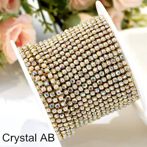 Crystal AB SS6 1 ярд стразы на цепочке прозрачные стразы с жемчугом цепочки камней Золотое дно для DIY вечерние платья дизайн ногтей B1203 - Цвет: Crystal AB
