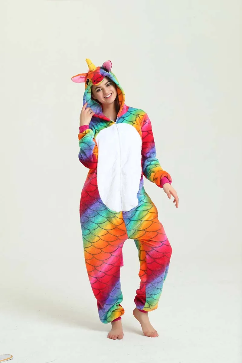 Fish scale unicorn2 Зимняя теплая Фланелевая Пижама унисекс для женщин и мужчин с рисунком животных, Ститч, панда, кигуруми, единорог, комплекты одежды для сна - Цвет: Fish scale unicorn2