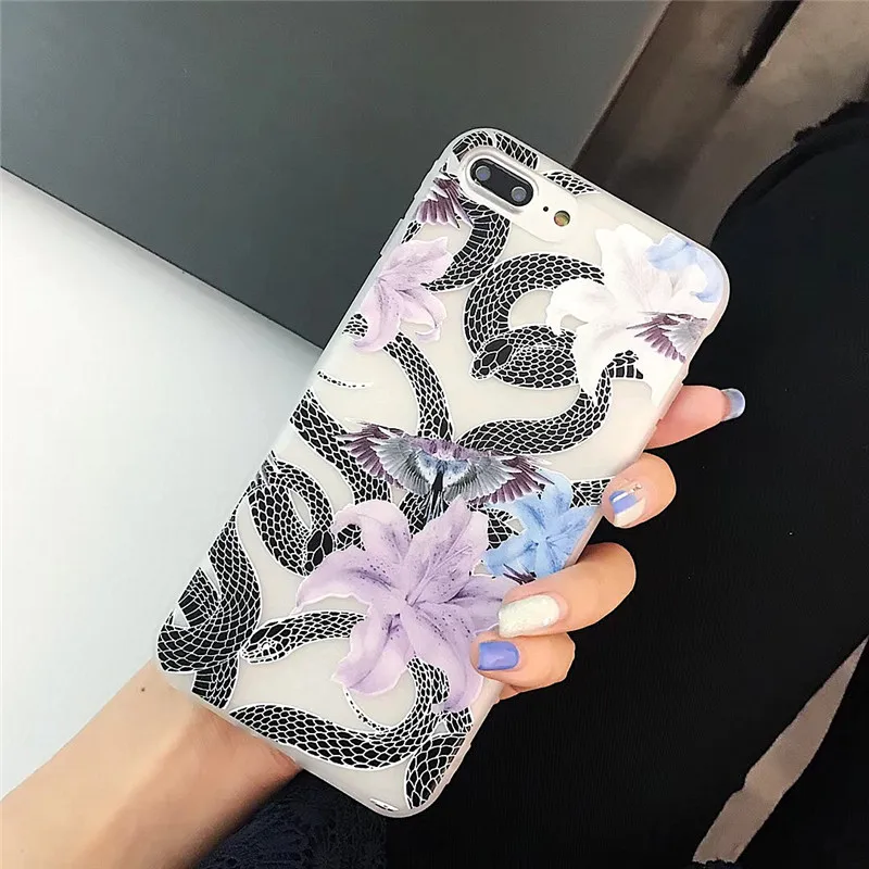Чехол для телефона LUDI в стиле ретро с объемными розами и змеей iPhone 7/7Plus мягкий ТПУ