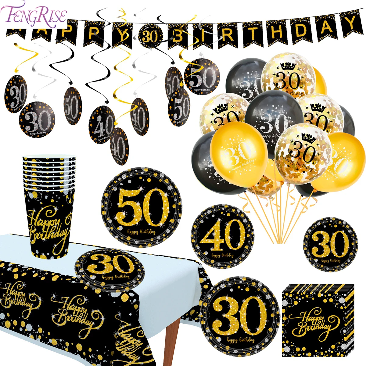 Бумажные наклейки для посуды 30th 40th 50th День Рождения украшения для взрослых золотой черный день рождения 40 50 60 лет День рождения украшения