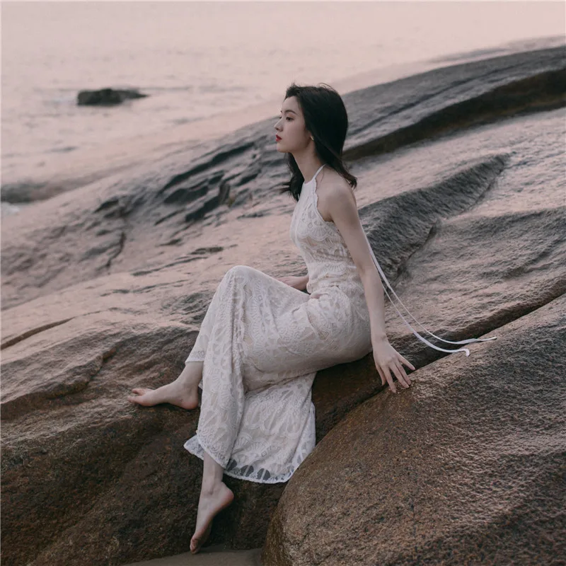 YiLin Kay 2019 Летнее белое кружевное Сексуальное Женское пляжное платье без рукавов с