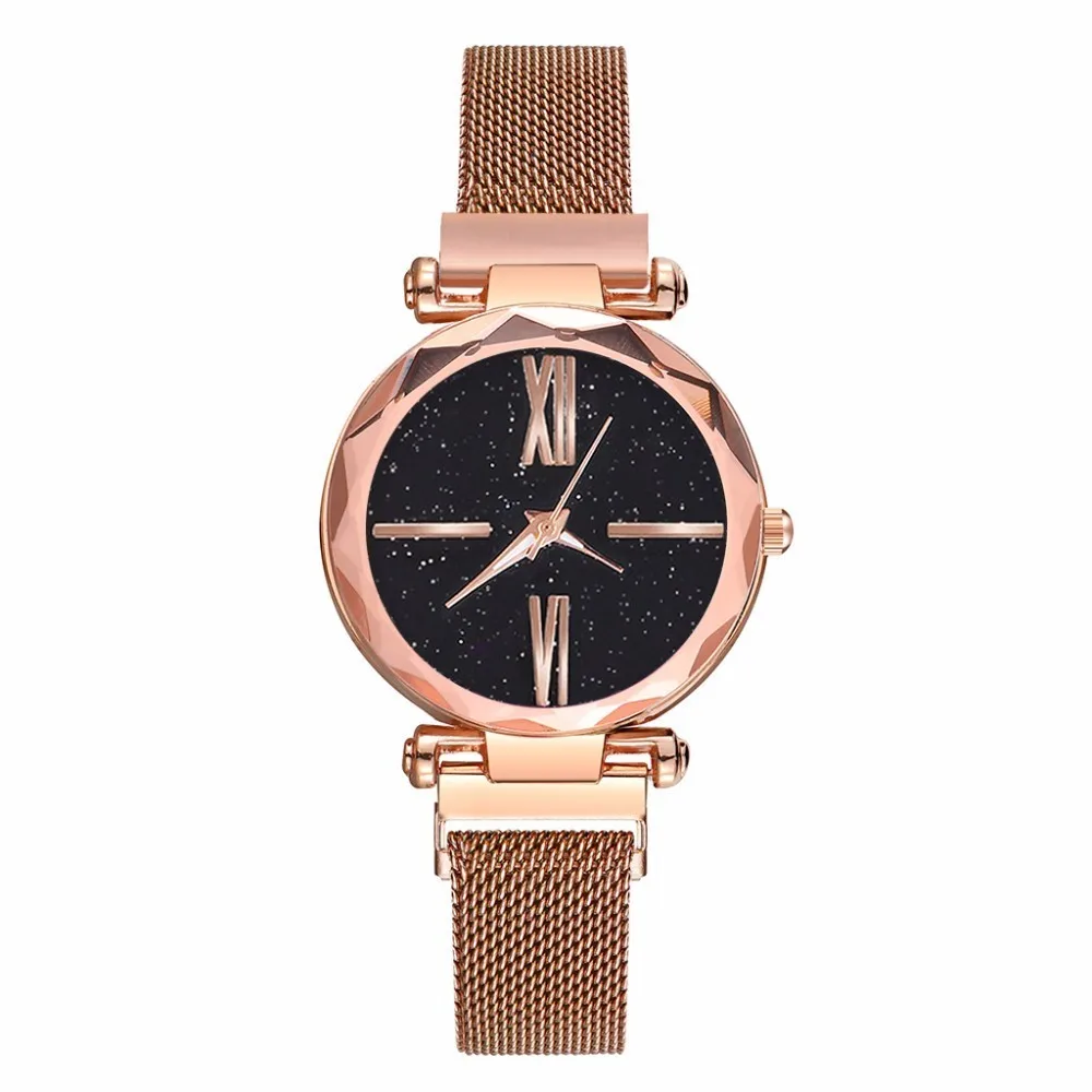rose gold Прямая поставка Женский сетки Магнит пряжка звездное небо часы Роскошные женские Геометрическая поверхность рома циферблат Кварцевые часы Relogio Feminino - Цвет: rose gold