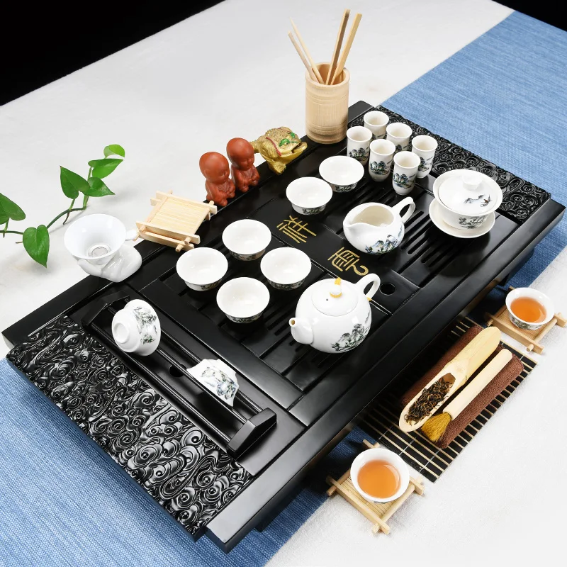 

Hot sale Kungfu Tea Set Household Simple Modern Small Tea Table Solid Wood Tea Plate Set Ceramic Teapot Tea Cup