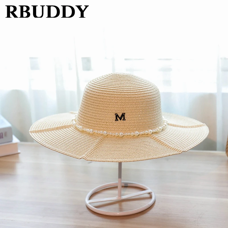 Rbuddy летние соломенные Для женщин солнца Шапки широкими полями букву м жемчужина