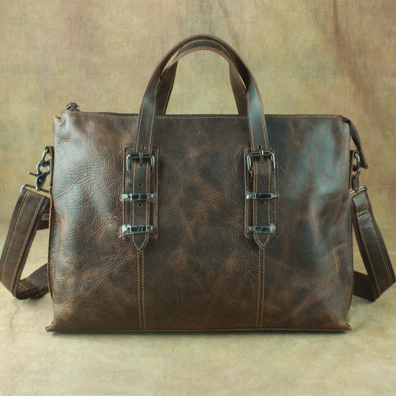 

Nesitu Vintage Brown Thick Real Skin Genuine Leather Men Messenger Bags 14'' Laptop Briefcase Male Portfolio Shouder Bags M3362