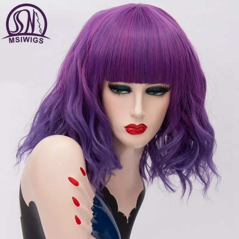 MSI Wigs, короткие синтетические парики для косплея, розовая сетка, блонд, волнистый парик с челкой, натуральный фиолетовый, розовый, Омбре, парики для женщин, 22 цвета