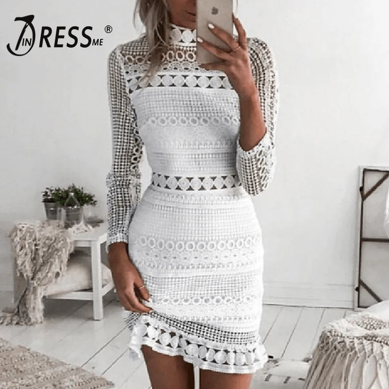 Женское кружевное мини платье с длинным рукавом и высоким воротником|bandage dress|dress
