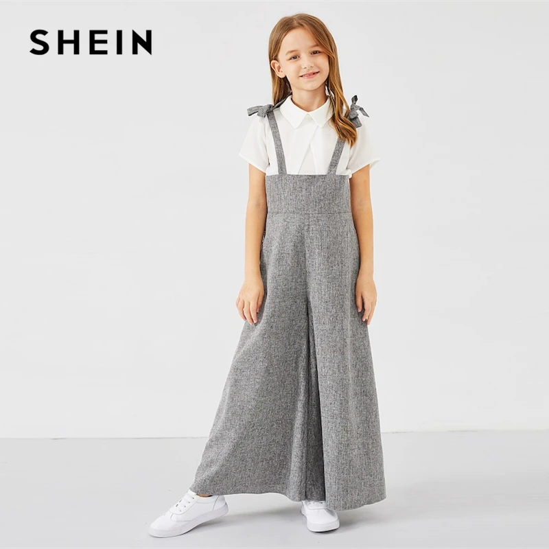 SHEIN Kiddie серый повседневный комбинезон на молнии с бантом на спине для девочек весенний комбинезон без рукавов с высокой талией и расклешенными штанинами