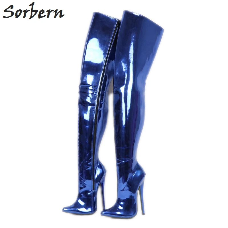 Blue Metallic Sorbern/пикантные синие сапоги с металлическими вставками; женские Сапоги выше колена на высоком каблуке 18 см - Цвет: Blue Metallic