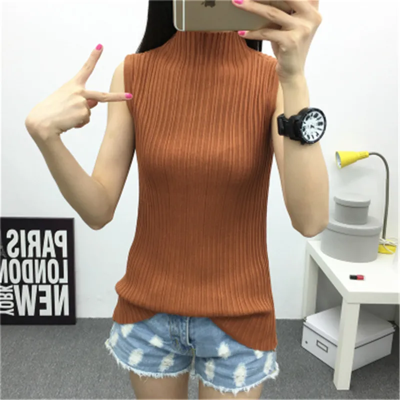 Женский базовый топ без рукавов тонкая трикотажная футболка водолазка черного и