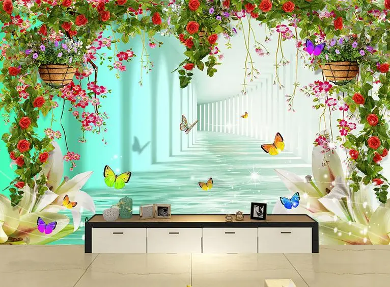 

Custom photo wallpapers 3d mural wallpaper Fantasy Heart Shape Flower Vine Butterfly TV Background wall papers home decor