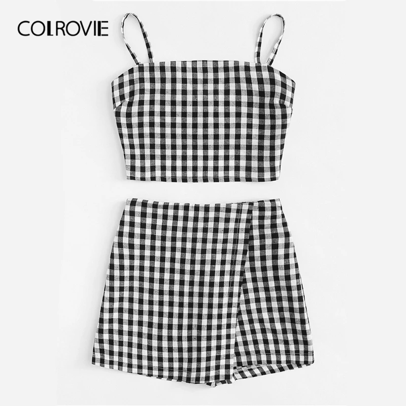 COLROVIE черный и белый Клетчатый Узел сзади клетчатый топ с шортами женский богемный комплект из двух предметов летний праздничный комплект из 2 предметов