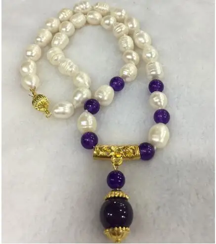 

10-11 mm Freshwater Cultured Rice Pearl+ Purple bead Necklace Pendant 12mm