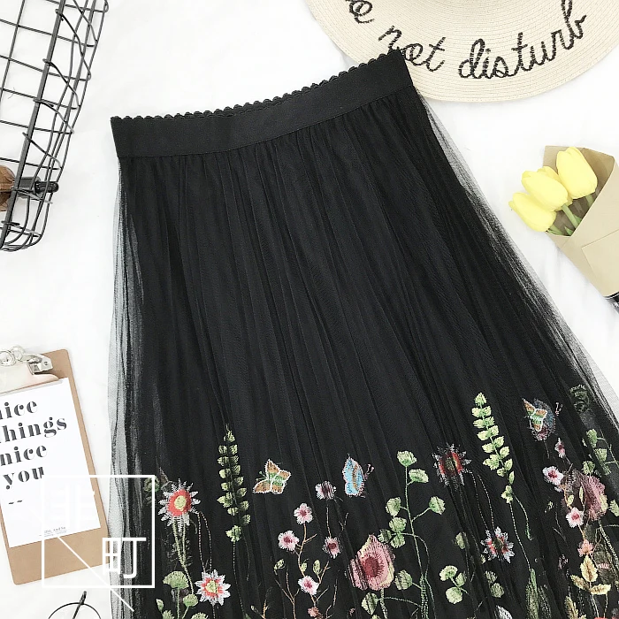 Женская модная винтажная длинная юбка, черная, белая, Цветочная, сетчатая, с вышивкой, Saia A Line Faldas, летняя, богемная, миди юбка