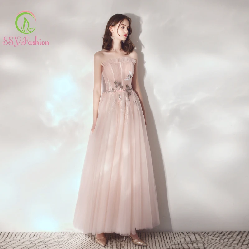 SSYfashion/Новинка элегантные светло розовые вечерние платья без бретелек с вышивкой