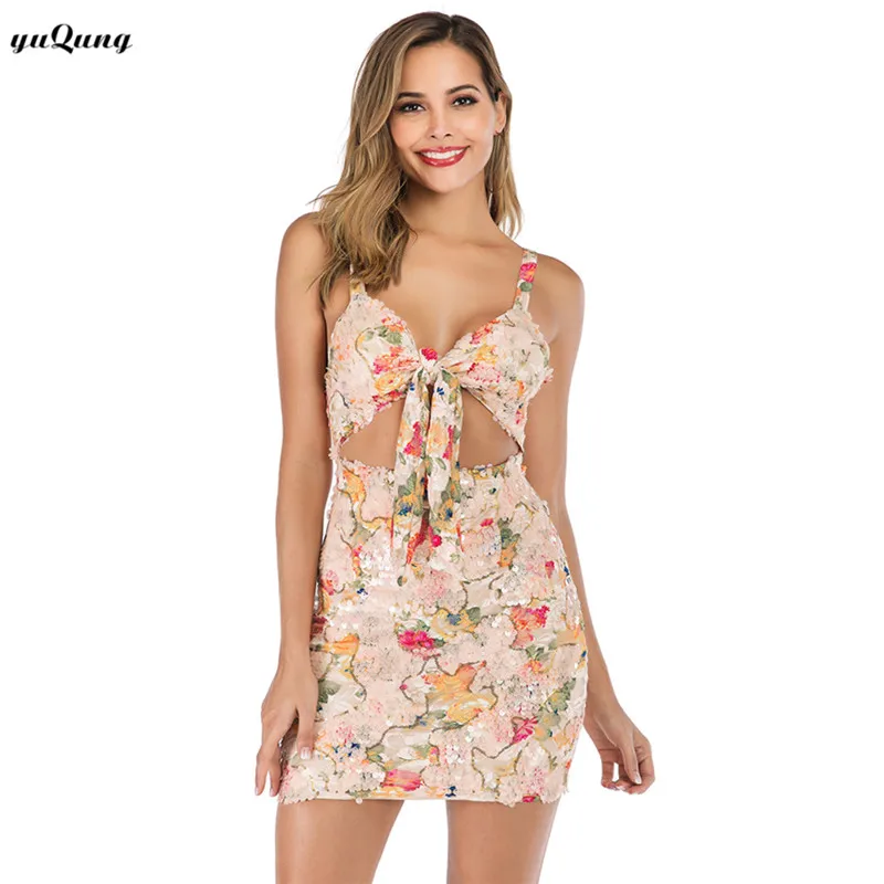 yuqung Strap Floral Sequins short Dress Ladies Evening Party Luxury Mini lace up Club wedding package hip bodycon dress |