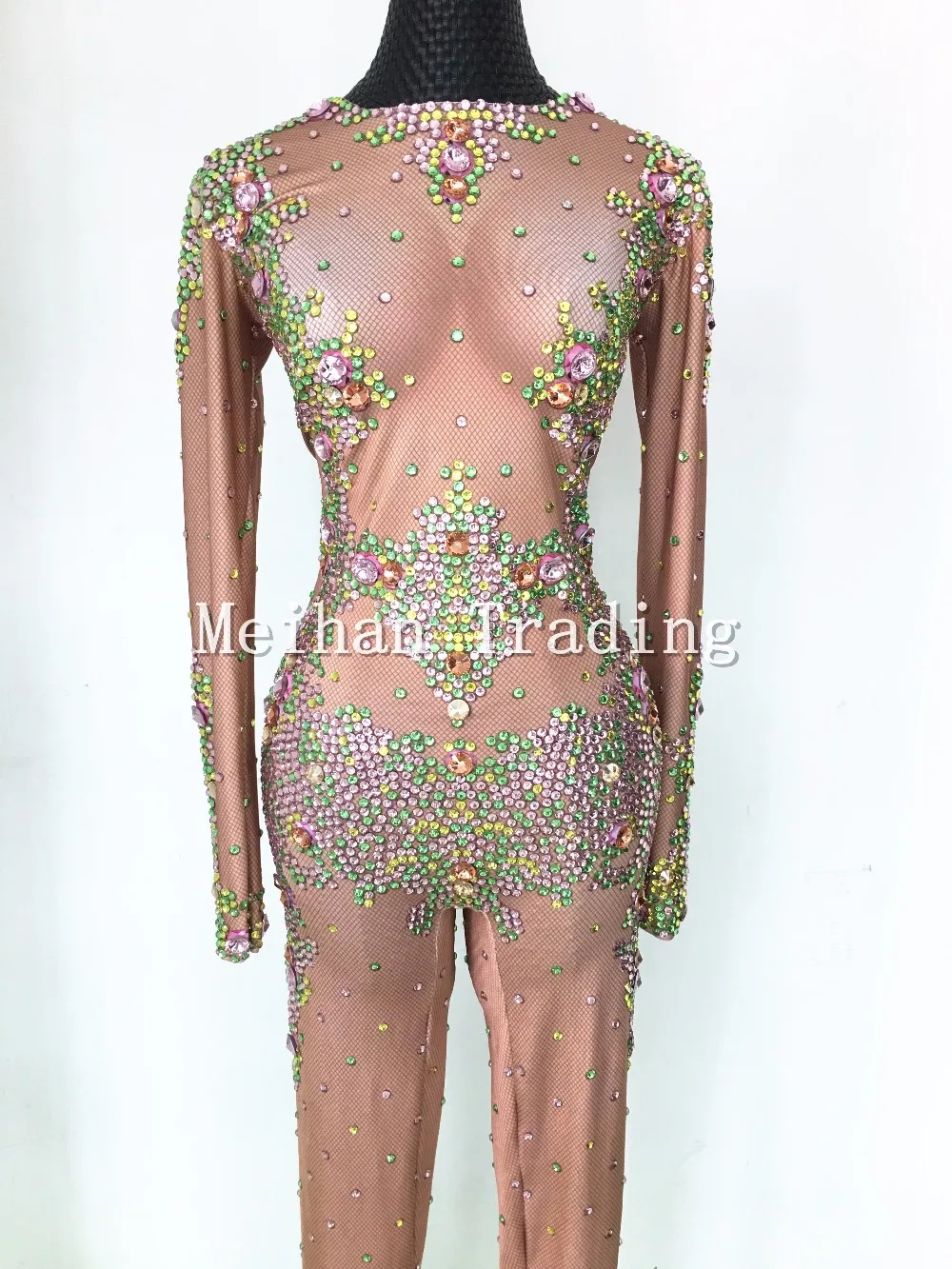 Colorful Crystals Leggings Jumpsuit Women's sexy Evening One-piece Costume Luxury Bodysuit Female Rhinestone Nude Skinny Rompers | Женская