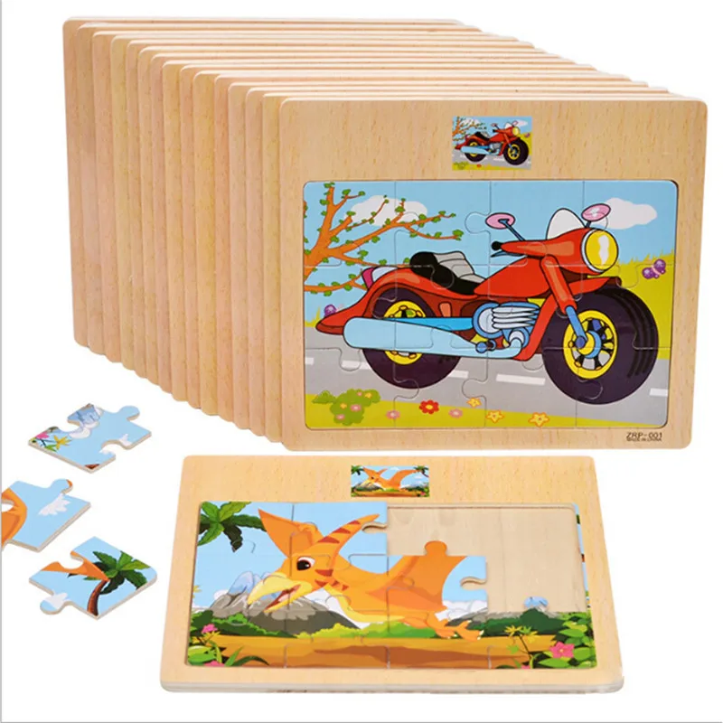 

12Pcs Cartoon Jigsaw Puzzle Baby Wooden Toys Animal/Vehicle/Motorcycle Have Reference Photo Kids Educational Learning Gift