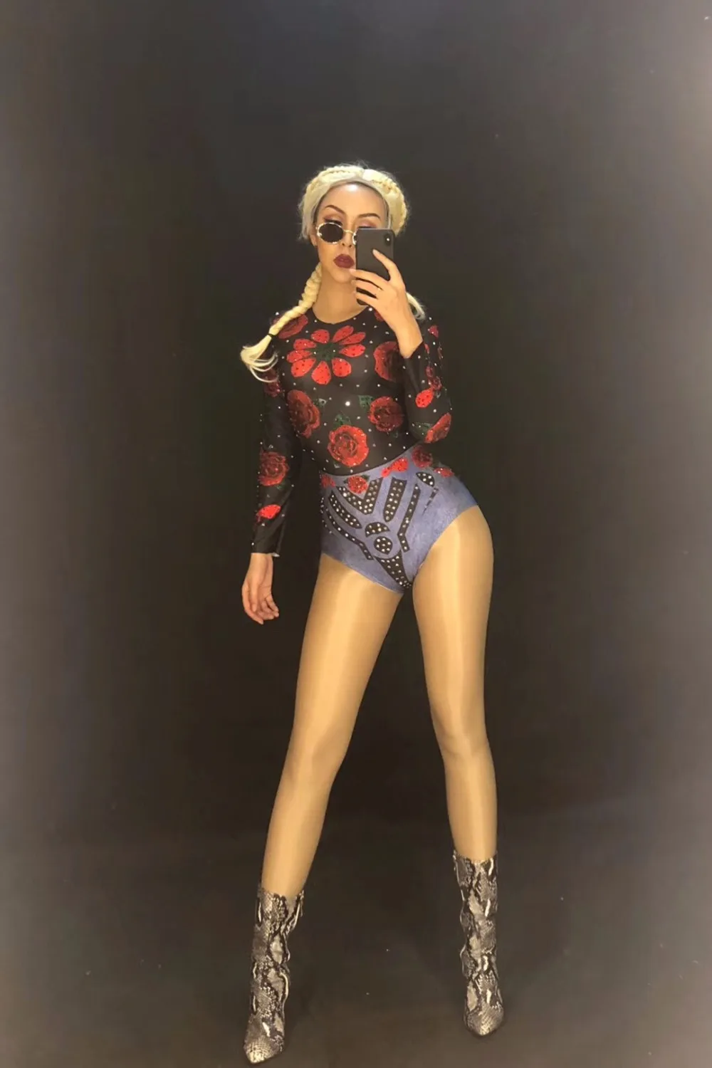 Women Sexy Stage Bodysuit Red Flowers Sparkling Crystals Nightclub Birthday Party Stage Wear Singer Dancer Bling Dance Costumes