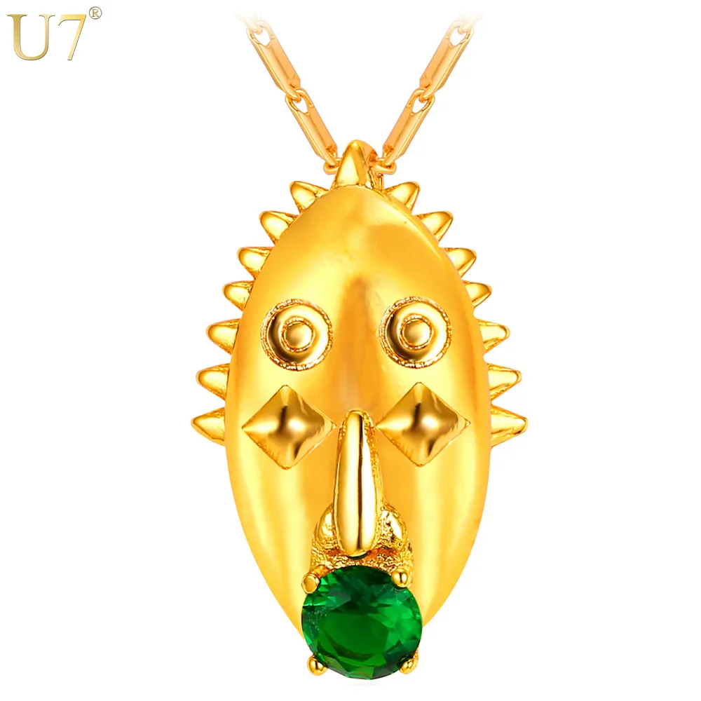 

U7 Carving Mask Jewelry Pendants & Necklaces Gold Color Green Crystal Papua New Guinea Jewelry For Women Trendy P894