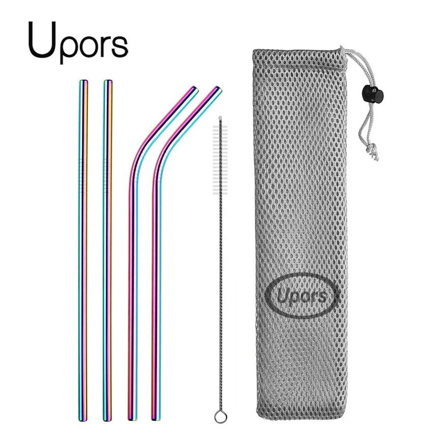 Colorful with bag UPORS многоразовый металлический питьевой соломы 304 соломинки из нержавеющей стали прямо согнуты питьевой соломы с чистильщиком косметичка - Цвет: Colorful with bag