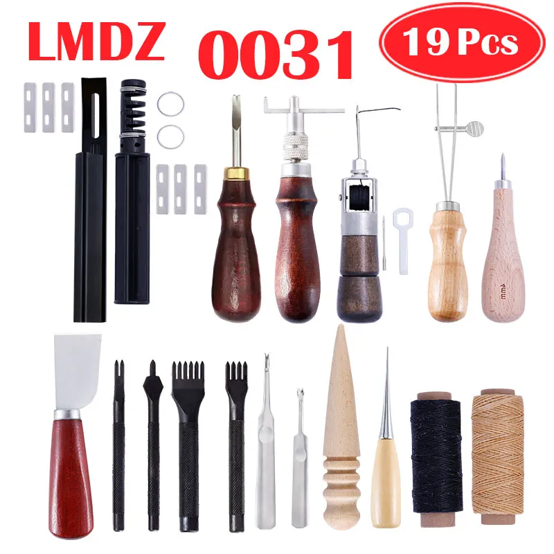 0031 19Pcs 1Set LMDZ Наборы инструментов для кожевенного ремесла, Ручное шитье, инструмент для шитья, седло, грувер-пробойник, набор инструментов, дерево, металл - Цвет: 0031 19Pcs 1Set