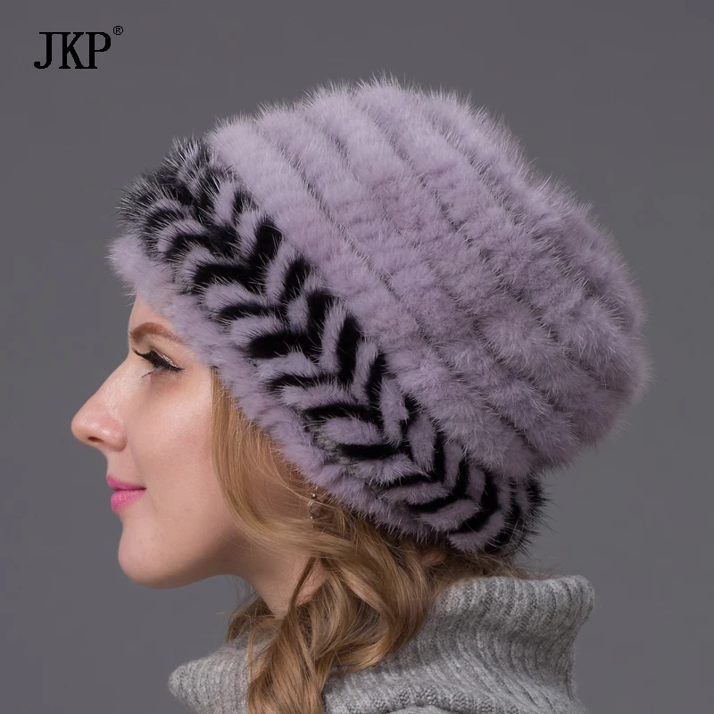 

New Fashion Real Genuine Mink Fur Hat Cap Nature Knit Mink Fur Hat Fashion Women stripe Headgear