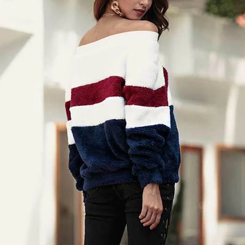 Uvkkc Women Hoodies 2019 New Winter Fashion Female Sweatshirts Pullover Patchwork Striped Loose Warm Casual For | Женская одежда