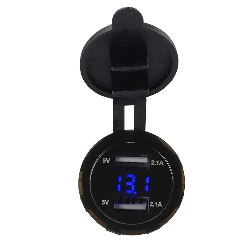 1PC 5V 2.1A Dual USB Port Charger Socket with LED Voltmeter Indictator Digital Display for Car Motorcycle For Phone Pad Tablet - Plug Type: Blue