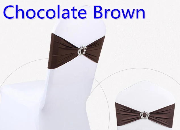 

Chocolate Brown Colour Spandex Chair Sashes Wedding Chair Sash With Crown Buckles Lycra Stretch Wedding Chair Sash Party Hotel