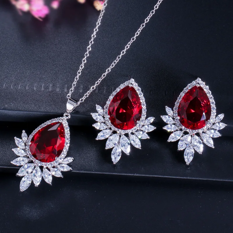 Ожерелье и серьги подвески женские с фианитами в форме капли|jewelry sets|drop jewelry