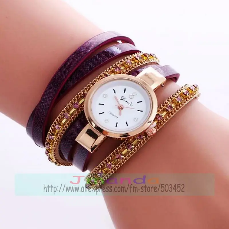 100 шт./лот модные женские часы geneva с кожаным ремешком элегантные кристаллами и