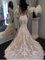 2021 new illusion long sleeves lace mermaid wedding dresses tulle applique court princess wedding bridal gowns with buttons