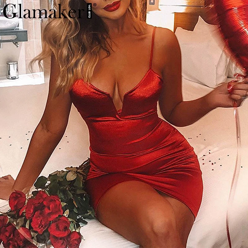 Женский атласный сарафан Glamaker красный праздничный сексуальное летнее короткое