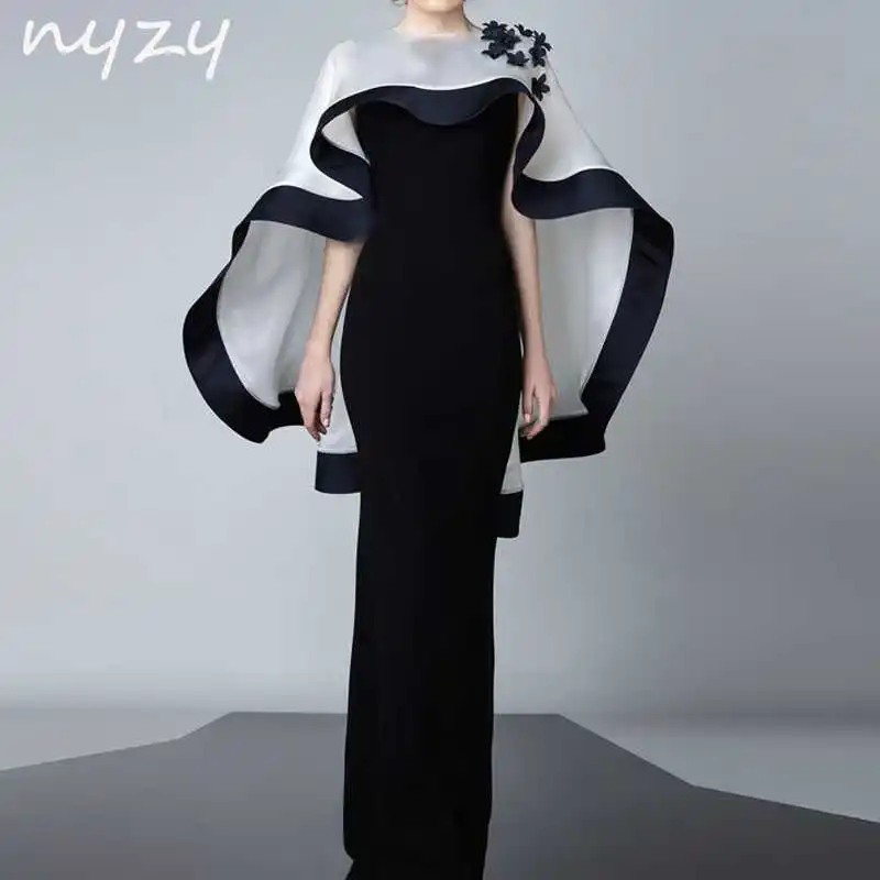 black with white 2 предмета, бархатное платье для матери невесты, жениха, с болеро, жакет, Русалка, белое, черное, вечернее, торжественное платье,, NYZY M102 - Цвет: black with white