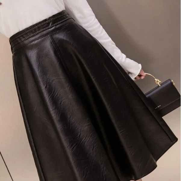 Женские юбки с высокой талией большие размеры искусственная кожа до колена